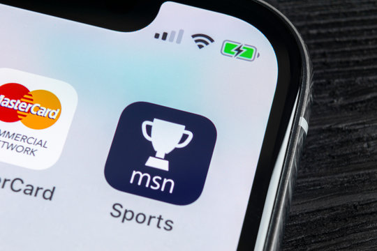 Sankt-Petersburg, Russia, April 27, 2018: Microsoft MSN Sports application icon on Apple iPhone X screen close-up. Microsoft msn sports app icon. Microsoft MSN sports application. Social media network