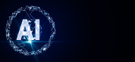 Artificial intelligence concept with big AI letters and blue flash at dark background.
