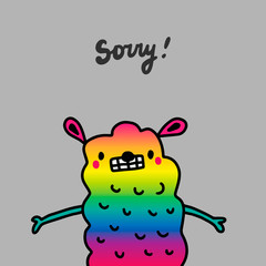 Sorry hand drawn vector illustration in cartoon style with cute lama alpaca