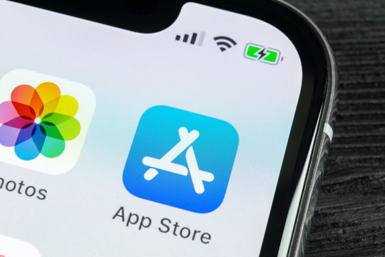 Sankt-Petersburg, Russia, April 27, 2018: Apple store application icon on Apple iPhone X smartphone screen close-up. Mobile application icon of app store. Social network. AppStore