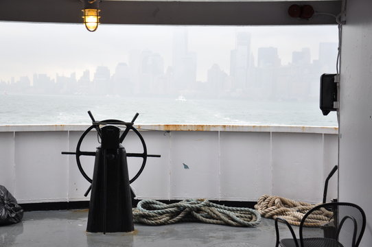 steering wheel on a ferry ship in New York big apple. Staten Island Ferry. Manhattan.