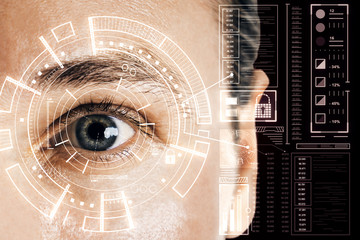 Biometrics and scanning concept with man eye and digital cyberspace screen.