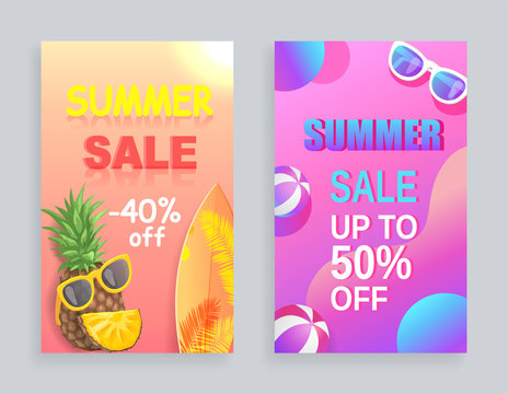 Summer sale off price posters set with proposals. Pineapple and fruit slice with sunglasses,, . Accessory and surfing board with palm tree print vector