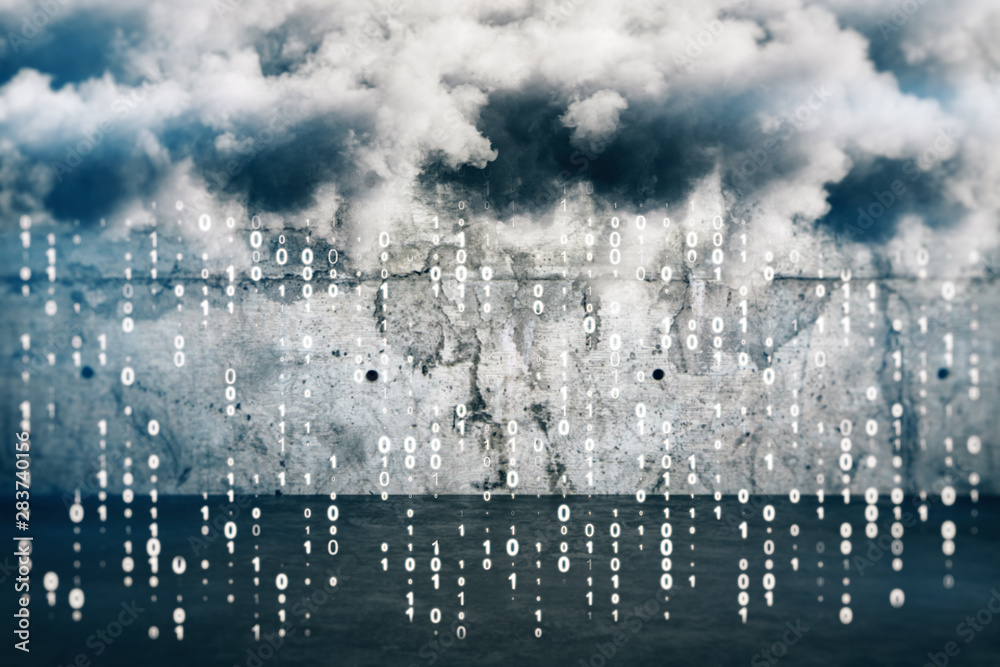 Wall mural technology concept with clouds and binary code rain.