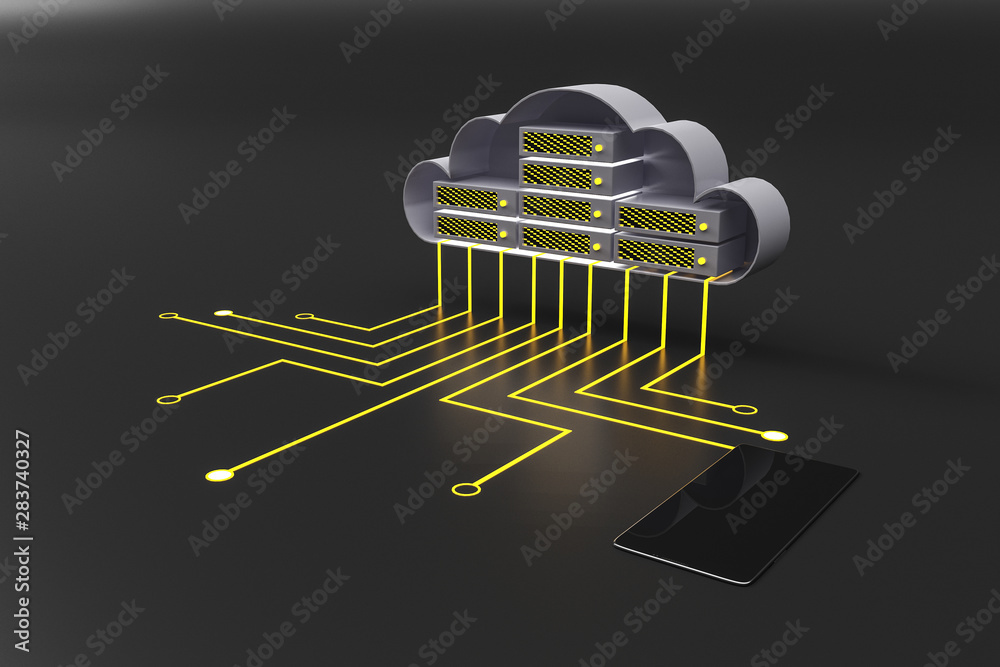 Poster mobile cloud and data concept with cloud circuit, wires and cell phone.