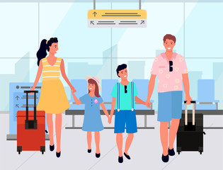 Smiling man and woman travelers in airport, family standing with luggage in departure lounge. Mother and father holding daughter and son, travel vector