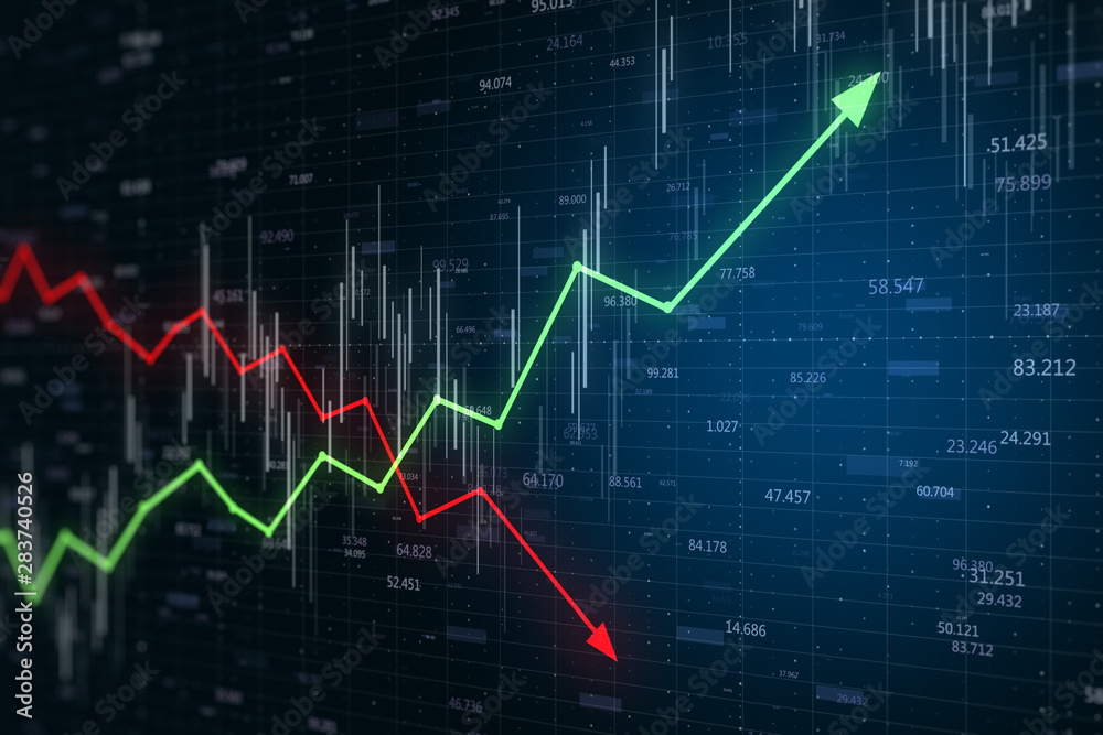 Poster growth concept with red and green gloing arrows and business chart screen.
