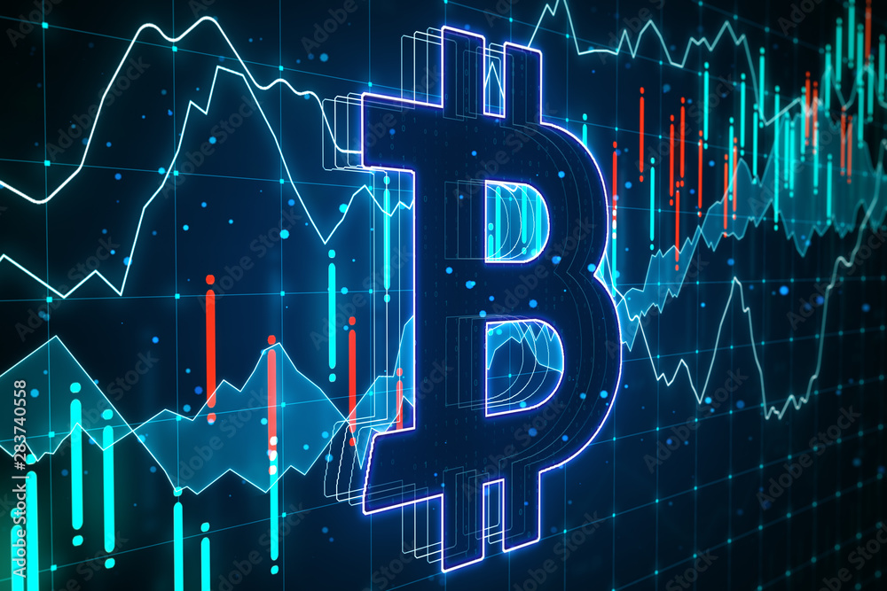 Poster business concept with bitcoin circuit at business statistic screen background.