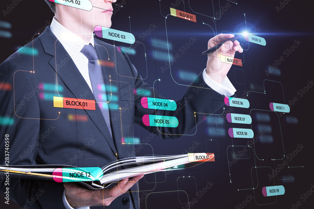 Poster Programming, big data and software concept with businessman and node tree diagram.
