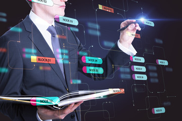 Programming, big data and software concept with businessman and node tree diagram.