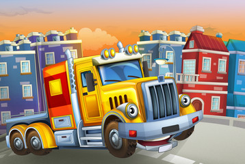 Obraz na płótnie Canvas cartoon scene with big truck with truck trailer in the middle of a city - illustration for children