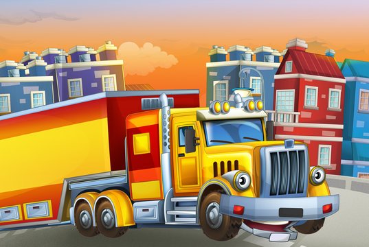 cartoon scene with big truck with truck trailer in the middle of a city - illustration for children