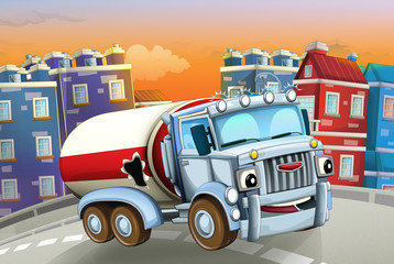 cartoon scene with big truck cistern in the middle of a city - illustration for children