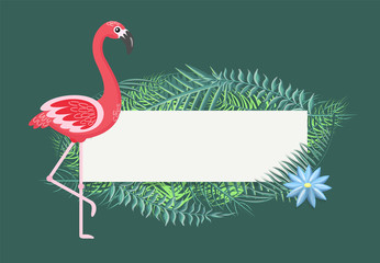 Empty banner for text vector, flamingo and leaves of palm tree with flower. Flora and fauna, pink feathers of bird on long legs, animal with plumage
