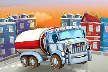 Fototapeta premium cartoon scene with big truck cistern in the middle of a city - illustration for children