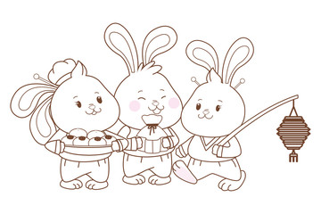 Rabbits celebrating mid autumn festival cartoons in black and white