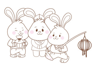 Rabbits celebrating mid autumn festival cartoons in black and white