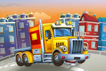 cartoon scene with big truck with truck trailer in the middle of a city - illustration for children