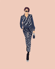Fashion look. Beautiful young woman in a suit. Fashion model posing. Stylish girl in sunglasses a short haircut and striped costume, suit. Urban casual style. Flat design. Vector fashion illustration