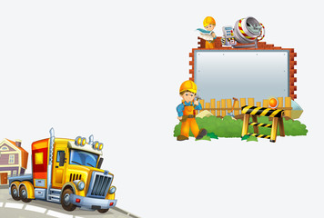 cartoon cargo truck on the street in the city with title page - illustration for children