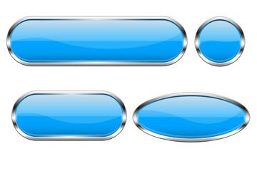 Blue glass buttons. Set of 3d oval shiny icons with chrome frame