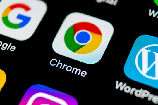Sankt-Petersburg, Russia, May 10, 2018: Google Chrome application icon on Apple iPhone X screen close-up. Google Chrome app icon. Google Chrome application. Social media network