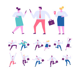 Collection of business people characters in different poses. Success, leadership. Business people running flat vector set. Business team competition.   Flat vector characters isolated on white.