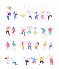Fototapeta na wymiar Happy people. Flat vector character set. People dancing and have fun. Birthday party, celebration, event. Friendship. Couples. Men and women enjoying dance party isolated on white. 