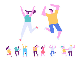Happy couple dancing and have fun. Man and woman together. Flat vector characters. Birthday party, student party, celebration, event. Happy people isolated on white background. 