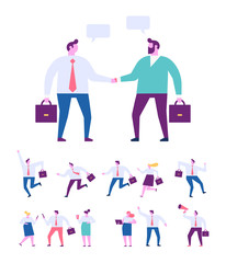 Collection of business people characters in different poses.Business men shake hands. Business agreement and completed the deal with a handshake.  Flat Vector cartoon people.