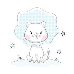 Lion baby cute print. Sweet tiny animal with star and moon. Little night illustration