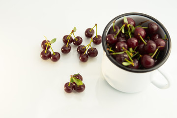 berries ripe red cherries lie in the iron circle and next to it on white background close-up of berries with fresh organic cherries