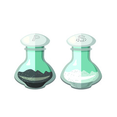 Salt and pepper shakers. Pair of transparent glass shakers with plastic cap. Vector illustration  flat icon isolated on white.