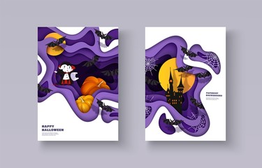 Happy Halloween 3d papercut layered design. Vampire, pumpkin, bat, castle, moon