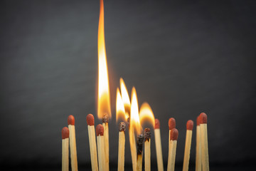 A group of matches, some of which are burning
