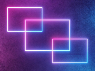 Neon glowing frame, rectangle abstract blue and pink background. 3d rendering.