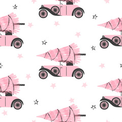 Seamless pattern with retro car and Christmas tree. Wrapping paper design