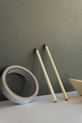 Creative minimal workspace desk on grey background