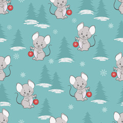 Christmas and New Year seamless pattern with cute cartoon mouse. Wrapping paper design