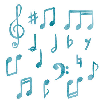 Set of blue watercolor music notes isolated on white background. Vector illustration,