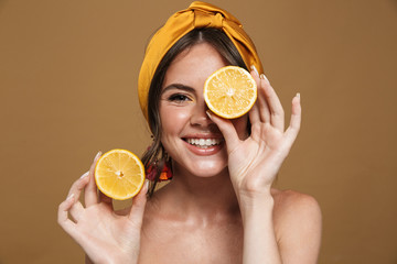 Close up beauty portrait of an attractive young topless woman