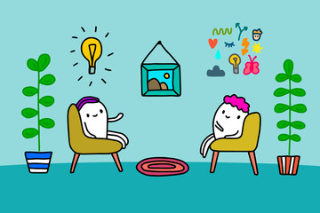 Psychotherapy session hand drawn vector illustration in cartoon style. Two man sitting in chairs talking