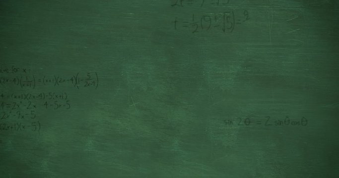 Mathmatical calculations falling to green chalkboard background 4k