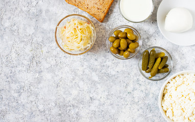 Variety of Healthy Probiotic Fermented Foods. Light background. Top view