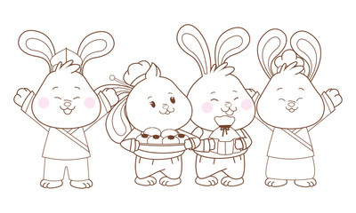 Rabbits celebrating mid autumn festival cartoons in black and white