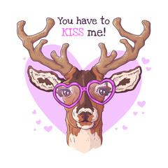 Vector hand drawn illustrations. Portrait of cute realistic deer in glasses.