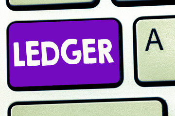 Handwriting text writing Ledger. Concept meaning book or other collection of financial accounts flat stone slab.