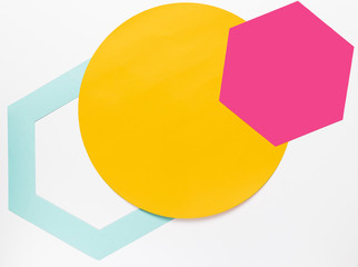 Top view yellow circle with colorful geometric shapes