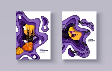 Halloween 3d papercut layered design. Witch, pumpkin, bat, castle, spook, moon