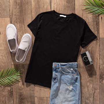 Blank Black t-shirt flatlay